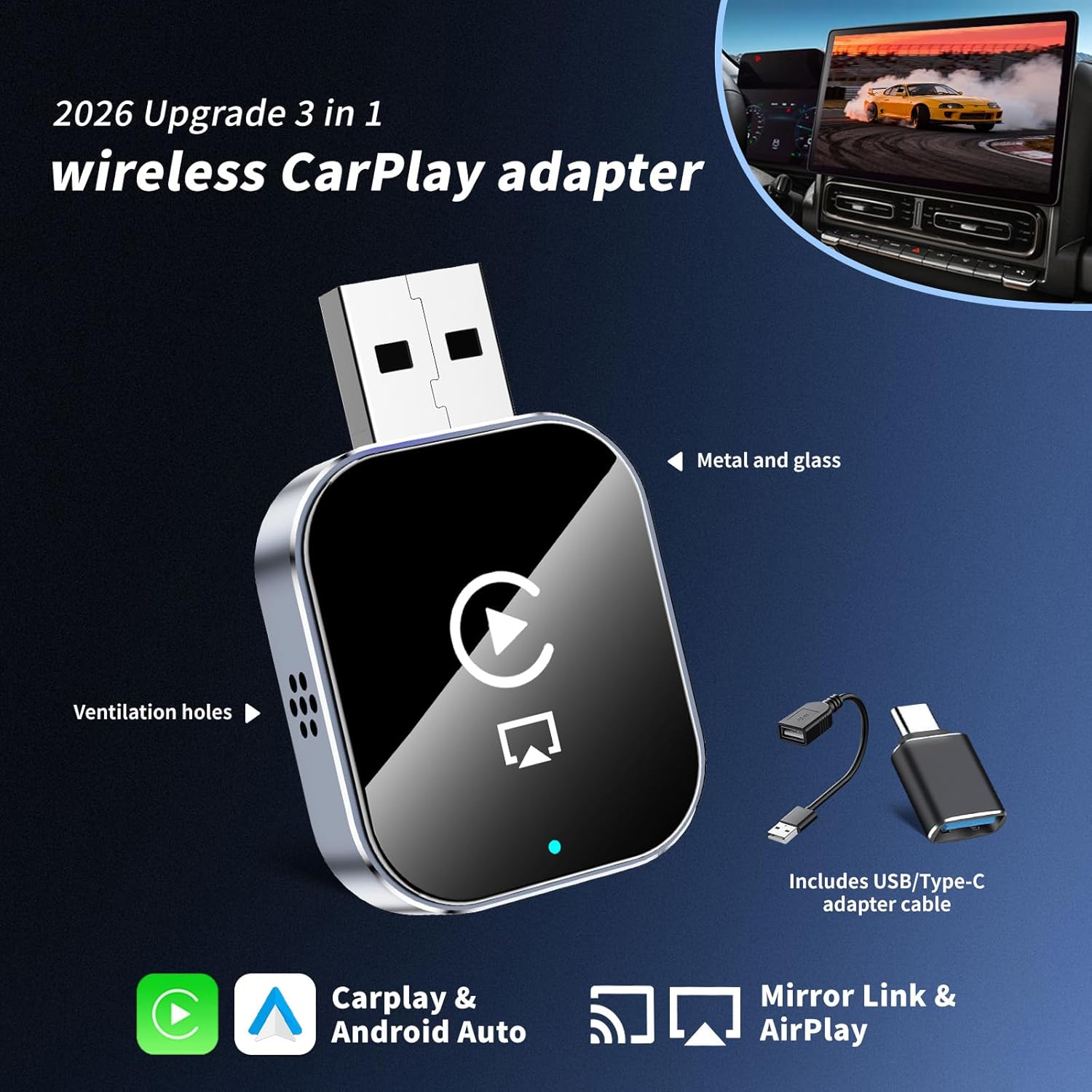 Wireless CarPlay Adapter for Android Auto - 3 in 1 Airplay Mirror Link Adapter Multi-User Seamless Connection Converts Wired to Wireless CarPlay Adapter - No Latency from iOS 10  to Screen w/USB-C